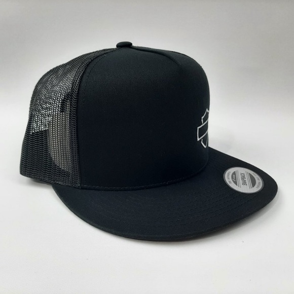Harley Davidson Flat Bill Trucker Mesh Snapback Cap Hat Black Silver Gray Shield - Picture 3 of 4